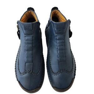 Fashion Sport Blue Leather Hand Stitched Ankle Boots Side Zip 6609.39 Mens 7